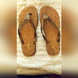 Michael Kors Brown Gold Tan Cork Thong Sandals Size 10 Like New
